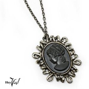 Vintage Large Black Cameo Necklace Chunky Abstract Pendant 24" Chain - Hey Viv
